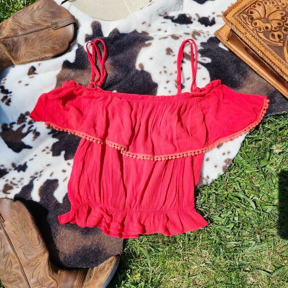 Red Off-Shoulder Women's Top - Picture 2 of 2